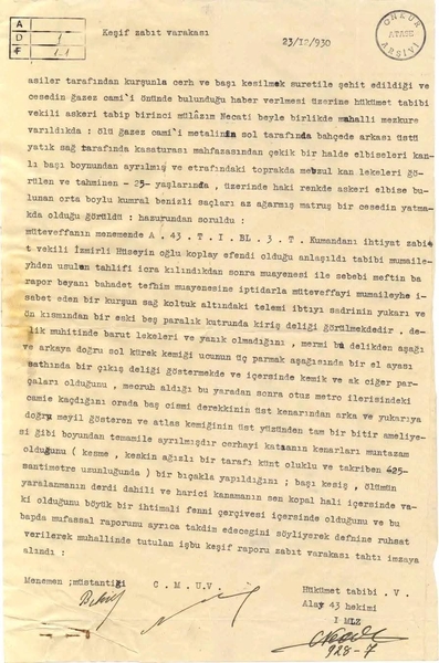 Yedek Subay Mustafa Kubilay'ın ölümüne ilişkin keşif raporu.